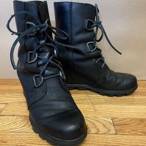 Sorel Joan of Arctic wedge heel leather rain boots